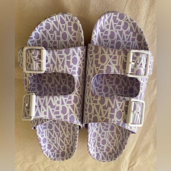 Armani Exchange Dual Strap Flat Slide Sandals Violet Purple Branded Print 9 - Picture 6 of 11